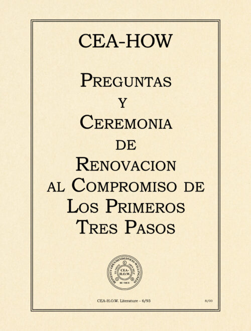 Imagen de portada del libro de trabajo "Preguntas y Ceremonia de Renovacion al Compromiso de Los Primeros Tres Pasos"
